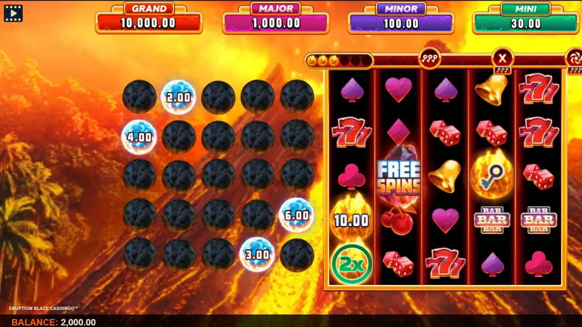 Tampilan visual slot Eruption Blaze Cashingo dengan latar belakang gunung berapi dan grid permainan yang menyala.