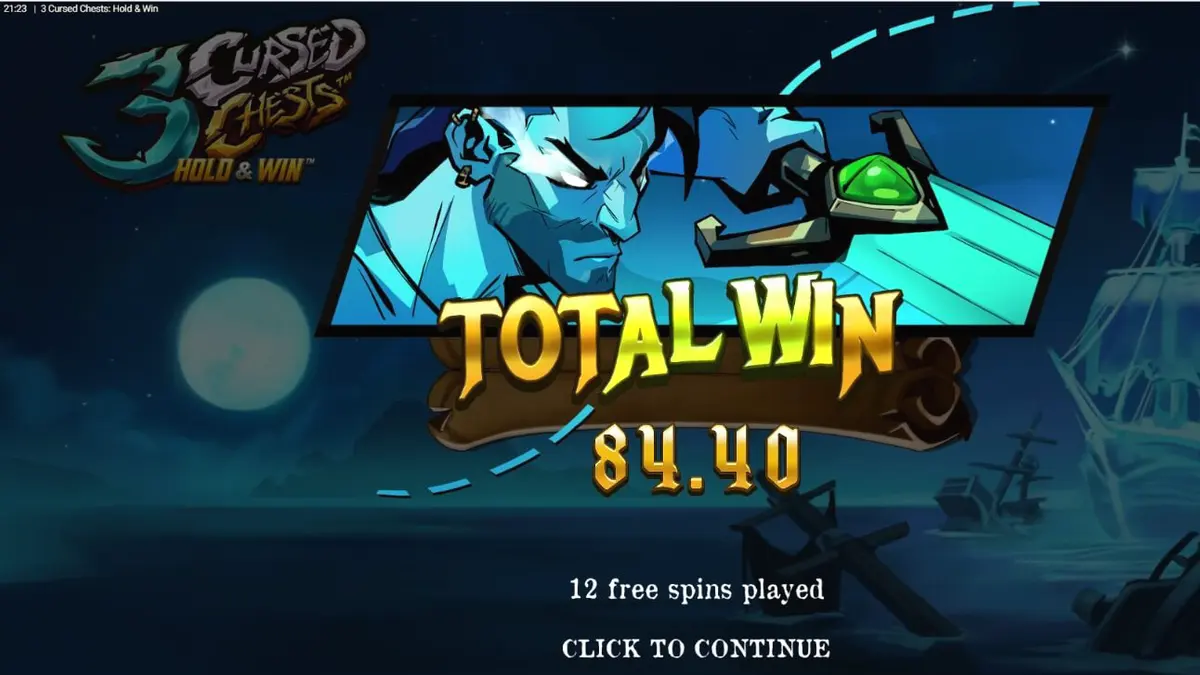 Tampilan visual slot 3 Cursed Chests: Hold & Win dengan tema bajak laut yang gelap